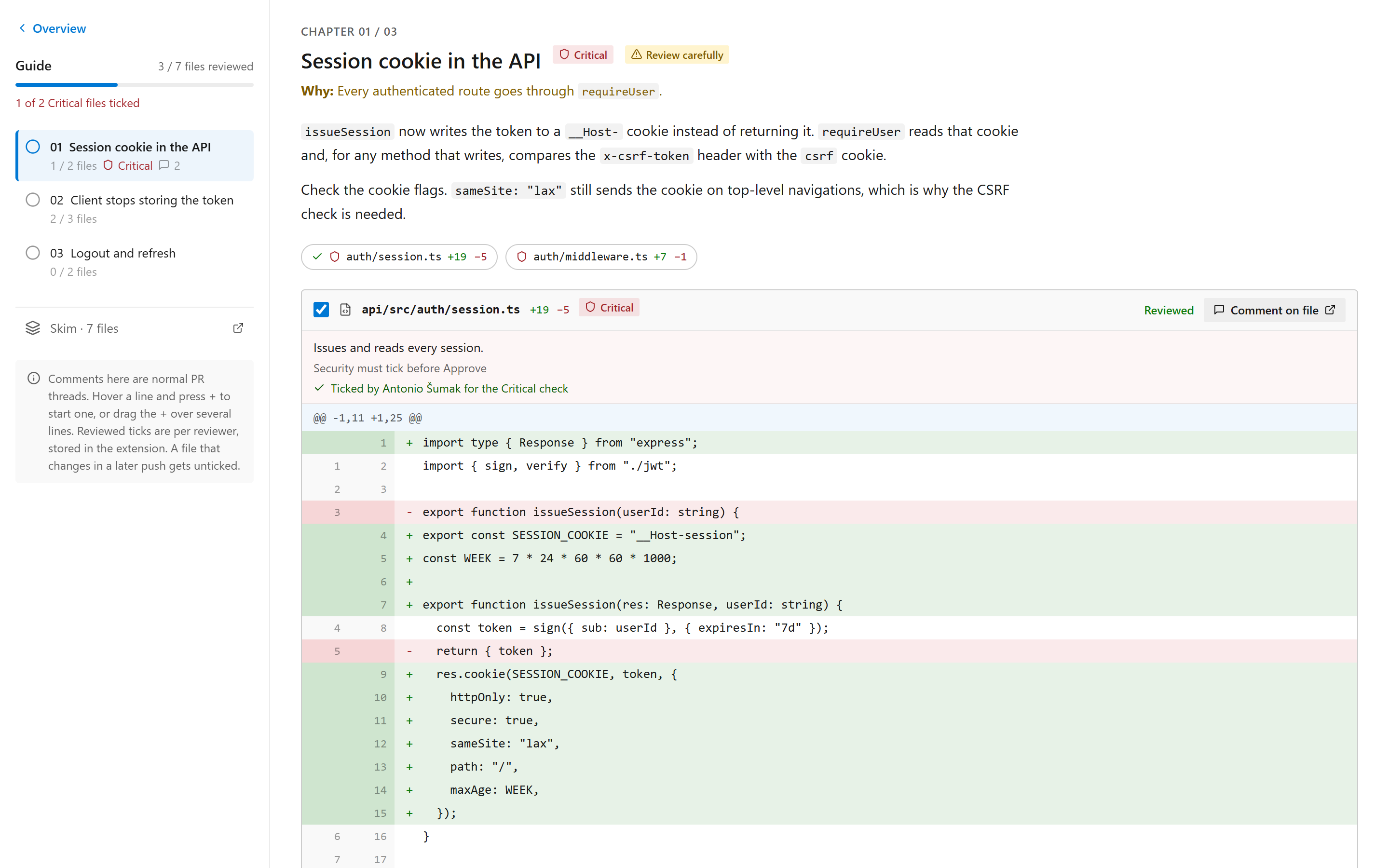 A chapter: why it matters, then each file's diff inline