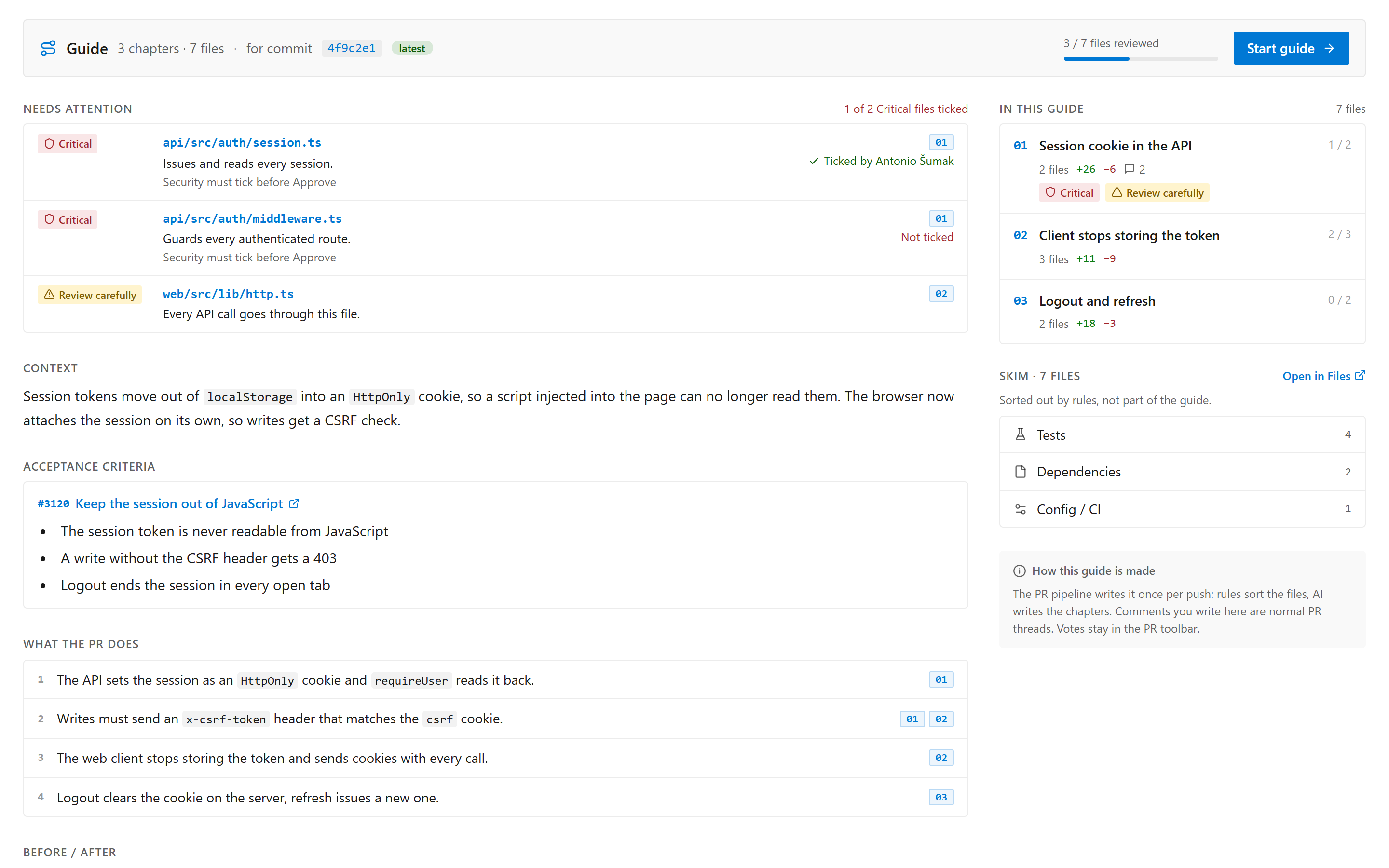 The Guide overview: files that need attention, context, acceptance criteria and the chapter list