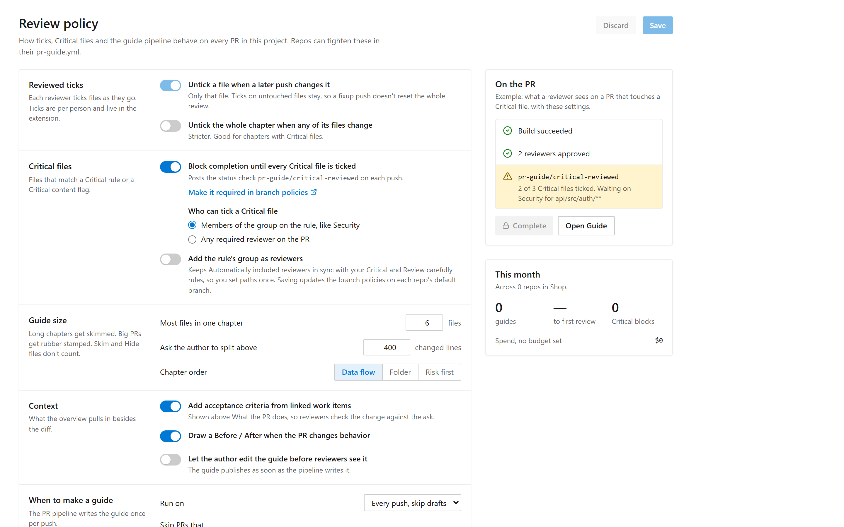 The Review policy page: reviewed ticks, the Critical gate, guide size and context