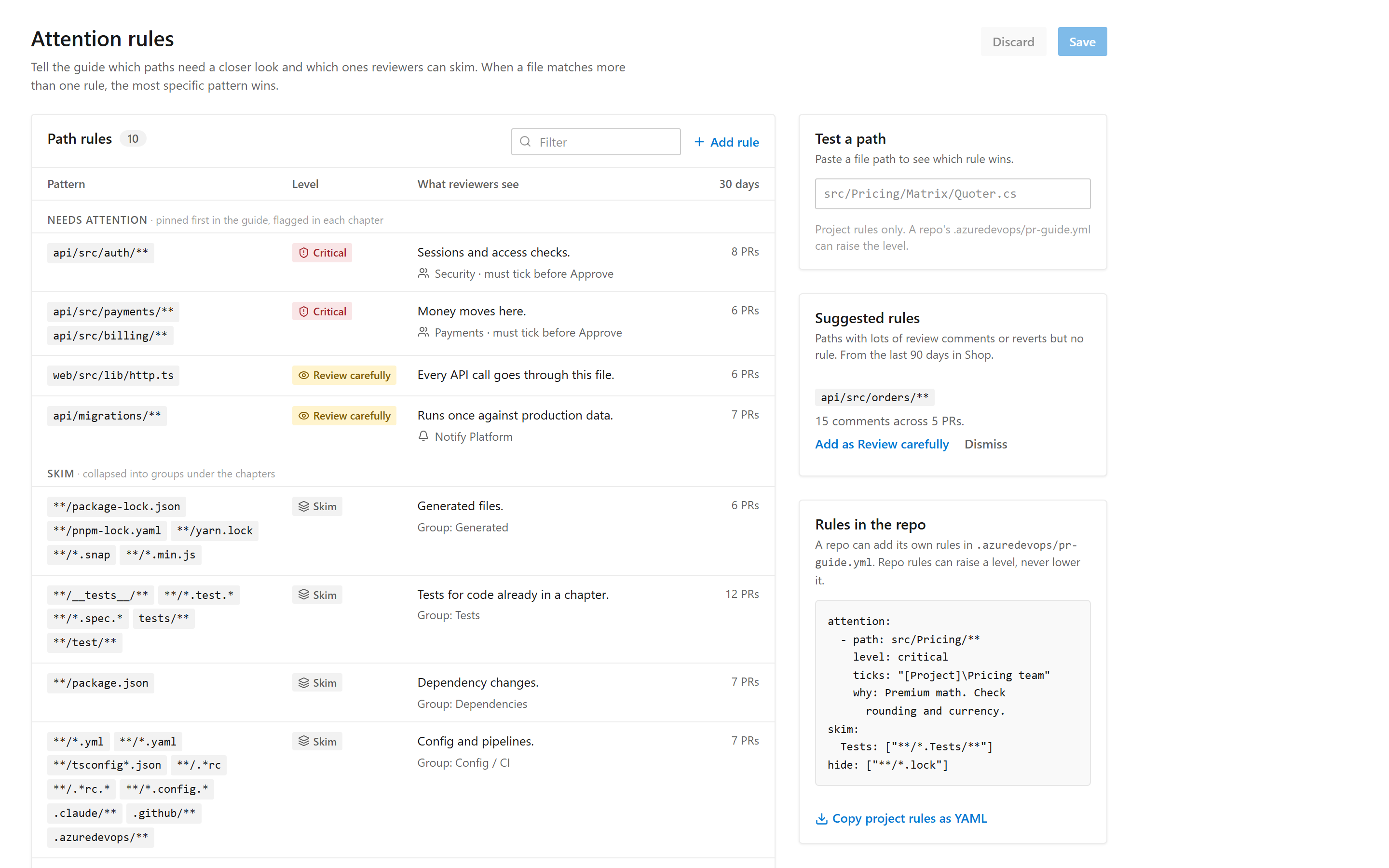 The Attention rules page: path rules by level, Test a path, suggested rules and repo rules