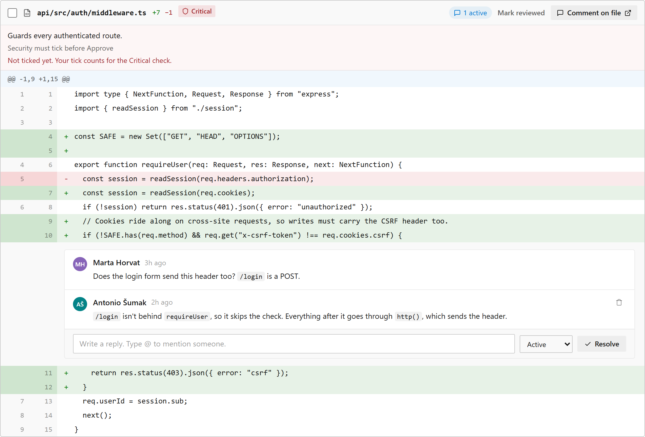 A PR comment thread on a diff line, with reply, status and Resolve